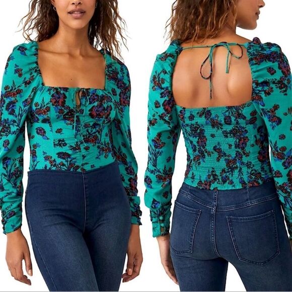 Free People NWT Hilary printed top green Floral combo Size Small Long Sleeve - Picture 1 of 4